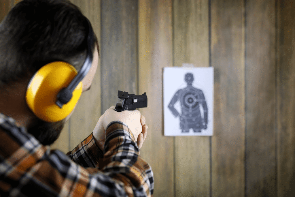 Man at an indoor shooting range aiming his pistol at a target in the distance