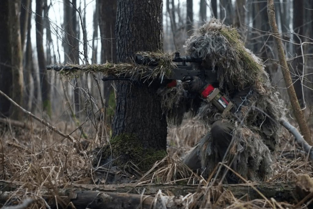 Man covered in camouflage hunting in the wilderness