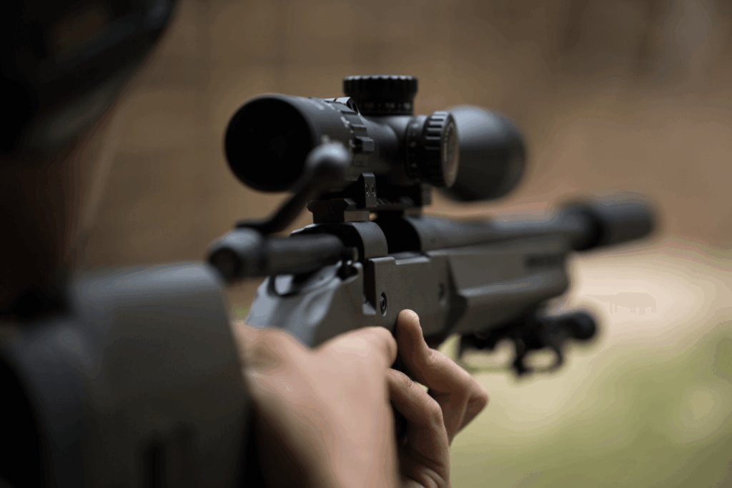 man shooting a rifle at an outdoor shooting range
