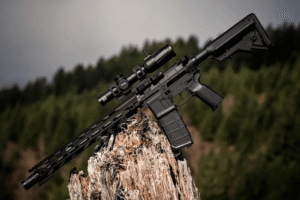 AR-15 balancing on a rock