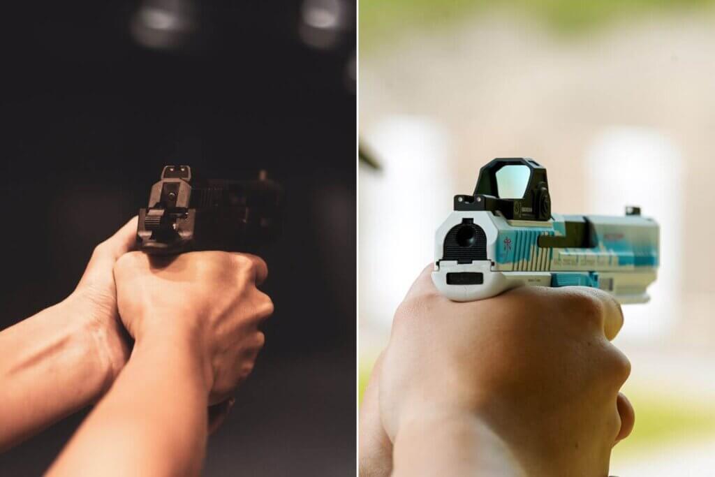 A side by side comparison of an iron sight and a red dot sight mounted on a handgun