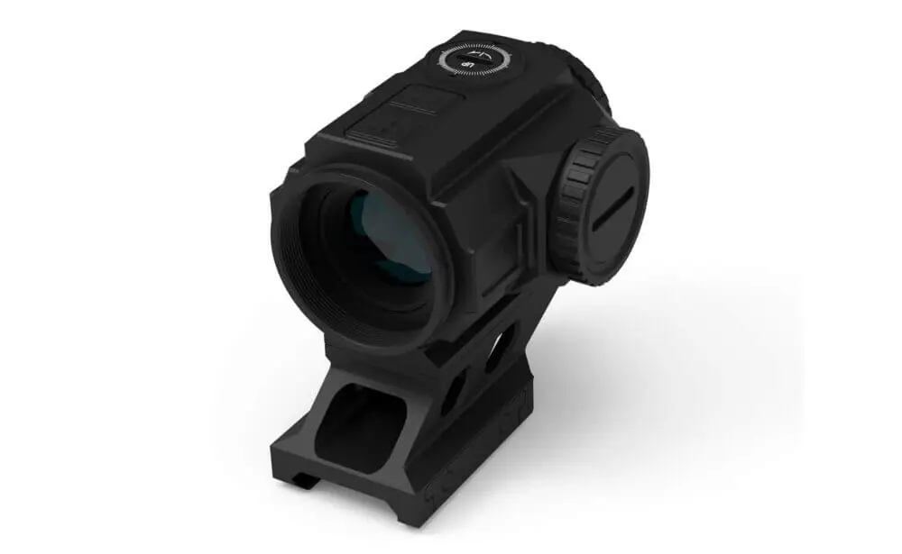 Top left angled view of the Gideon Optics Advocate prism scope