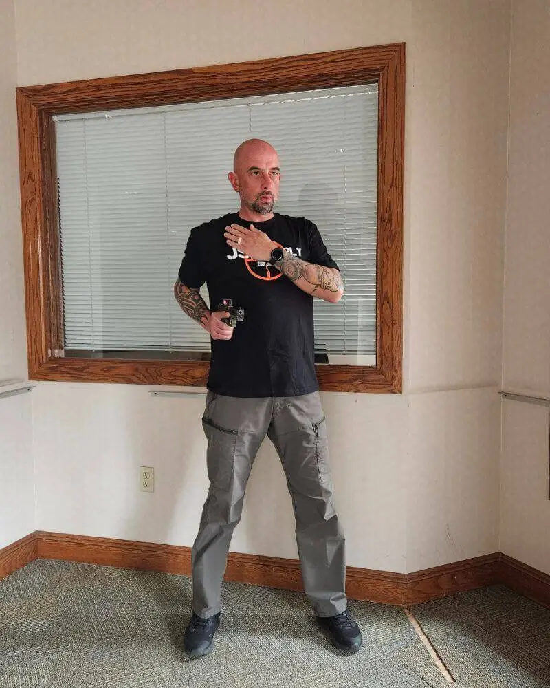 image-6 - Premier Gun Parts And Accessories | JSD Supply Demonstration of a single hand weapon retention stance