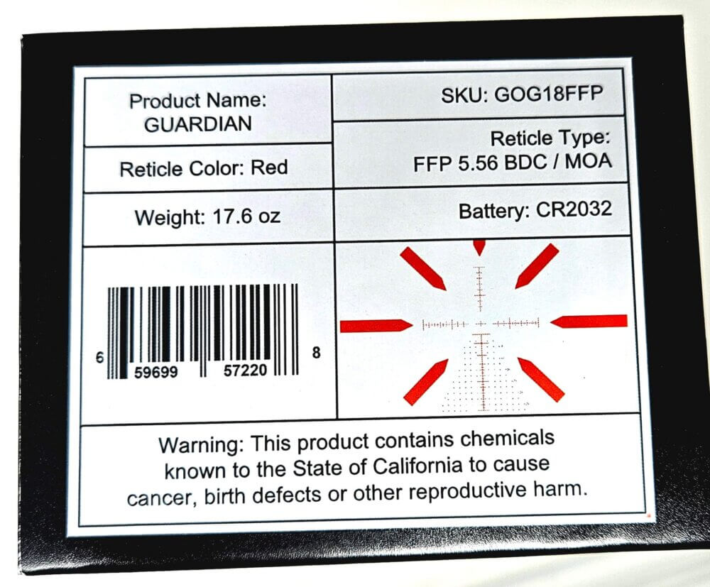 product label for Gideon Optics Guardian 1-8x24 FFP