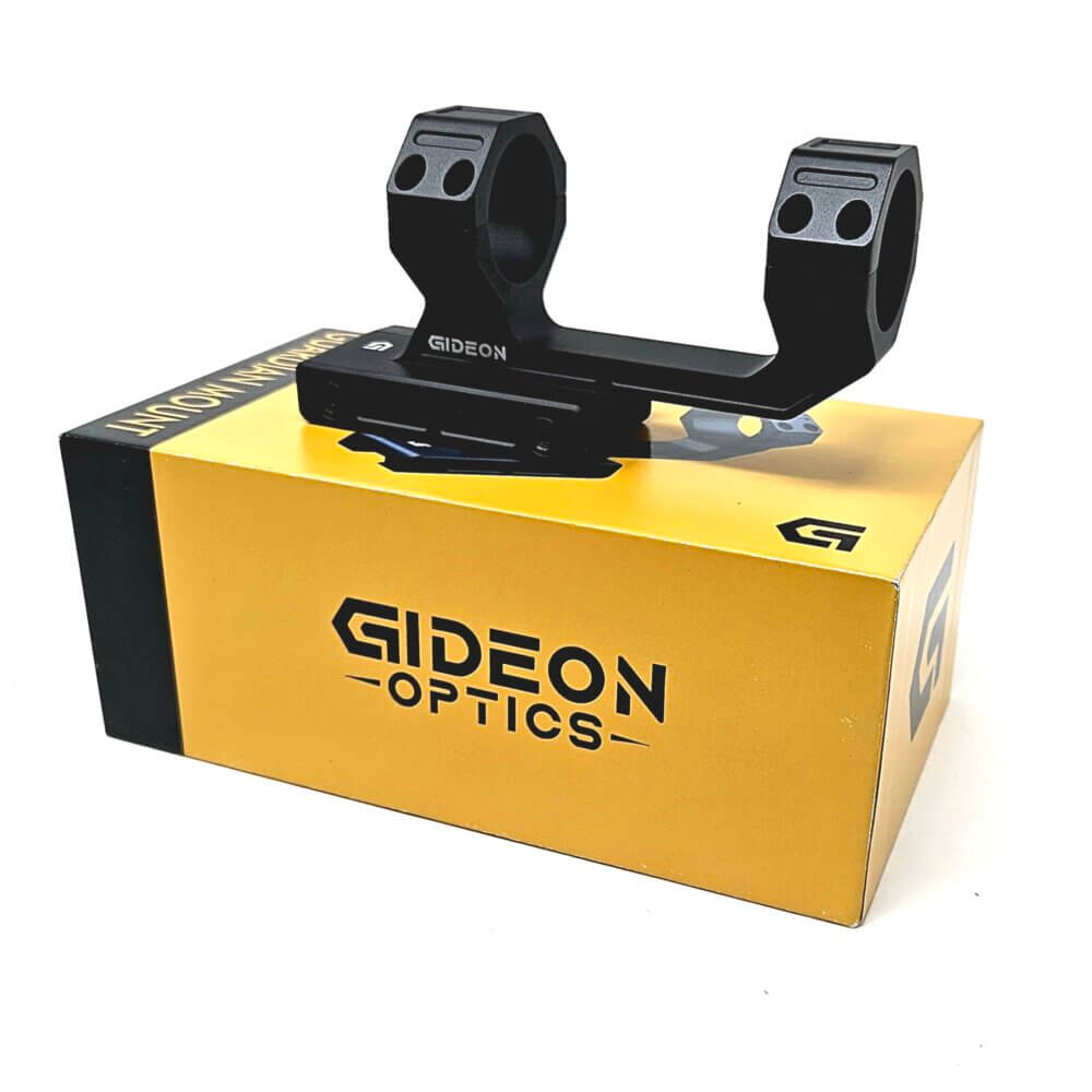 Gideon Optics LPVO 30mm mount on top of Gideon Optics product packaging