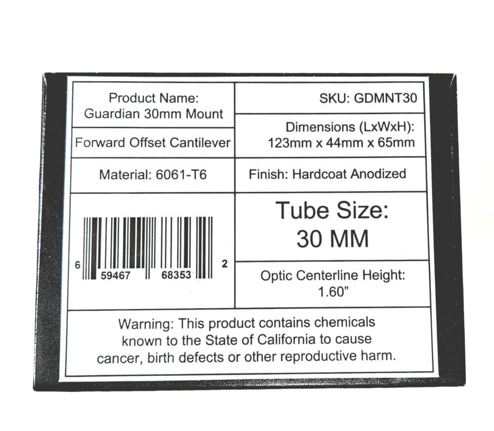 Product label for Gideon Optics LPVO 30mm Mount