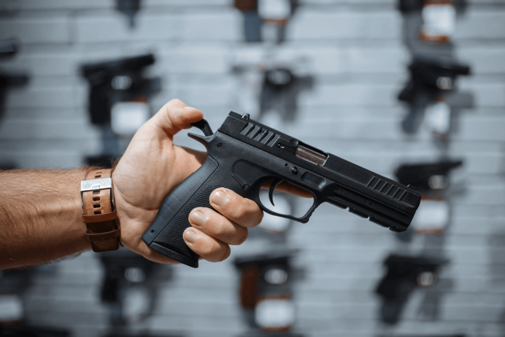 man holding a firearm at a gun shop
