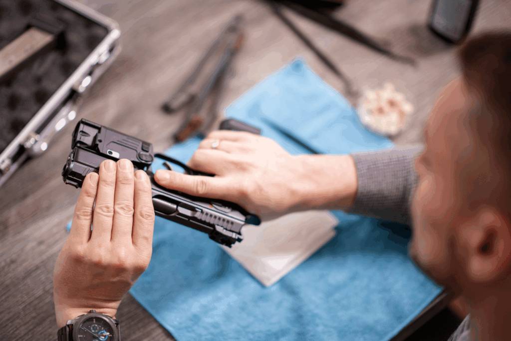 Man at a table with his gun disassembled while hes cleaning it - Premier Gun Parts And Accessories | JSD Supply Man at a table with his gun disassembled while he's cleaning it