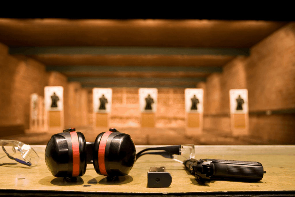 table at a gun range with an unloaded firearm and various protective equipment
